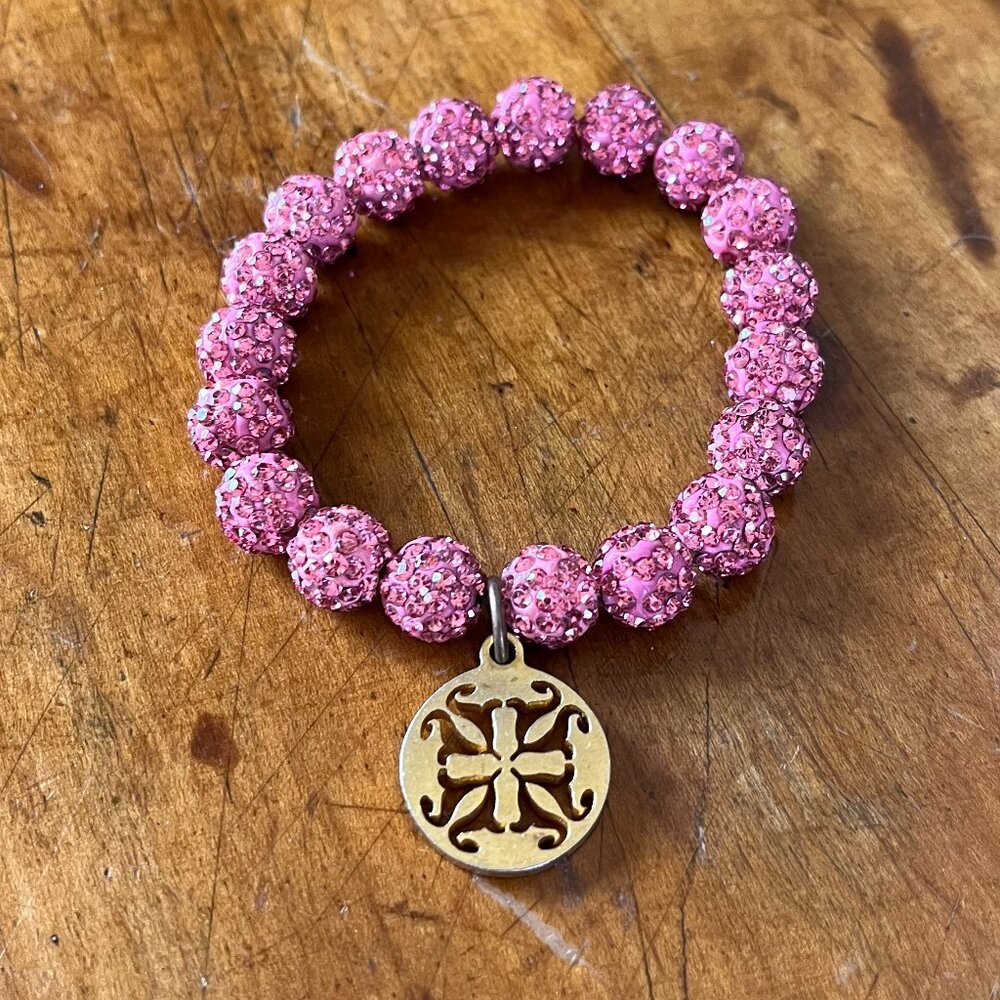 Rustic Cuff Stretch Pink & Silver Logo Shambala Pave Rhinestone Bracelet